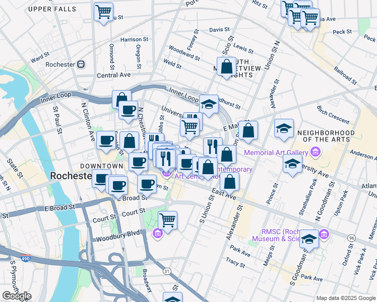 map of restaurants, bars, coffee shops, grocery stores, and more near 68 Scio Street in Rochester