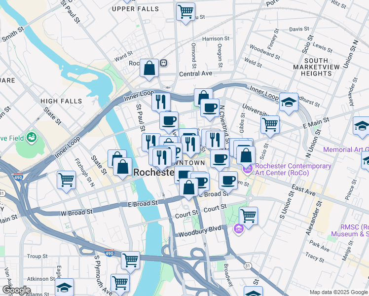 map of restaurants, bars, coffee shops, grocery stores, and more near in Rochester