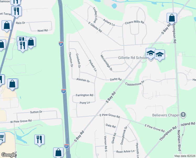 map of restaurants, bars, coffee shops, grocery stores, and more near 6000 Darby Road in Cicero
