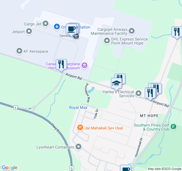 map of restaurants, bars, coffee shops, grocery stores, and more near 9255 Airport Road West in Hamilton