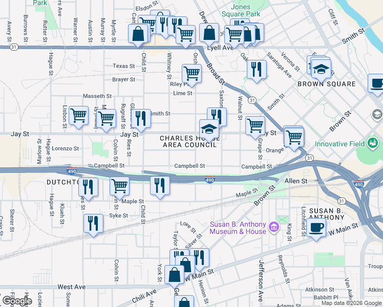 map of restaurants, bars, coffee shops, grocery stores, and more near 335 Orange Street in Rochester