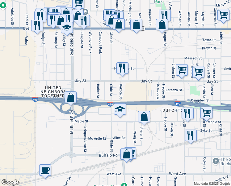 map of restaurants, bars, coffee shops, grocery stores, and more near 18 Granby Street in Rochester