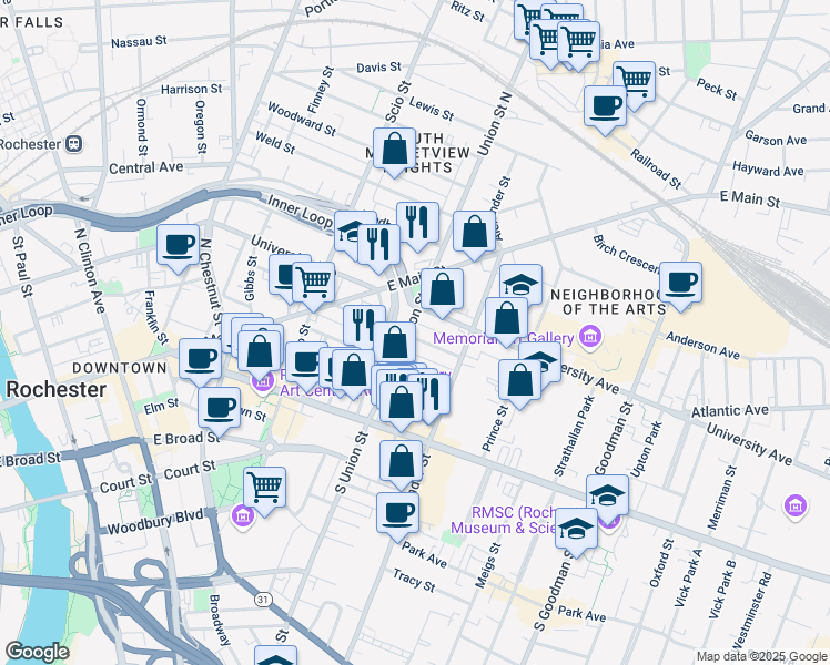 map of restaurants, bars, coffee shops, grocery stores, and more near 68 Union Street in Rochester