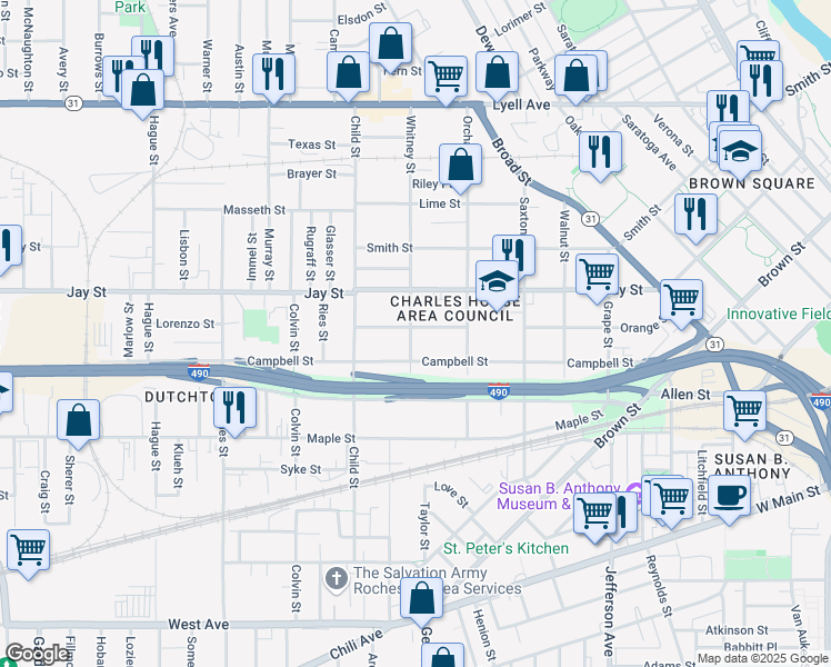 map of restaurants, bars, coffee shops, grocery stores, and more near 369 Orange Street in Rochester