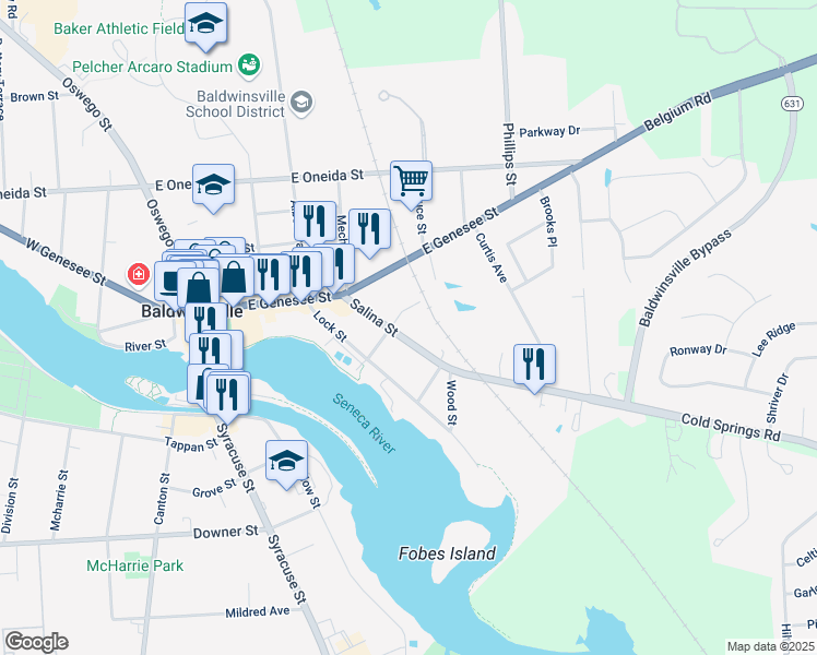 map of restaurants, bars, coffee shops, grocery stores, and more near 23 Salina Street in Baldwinsville