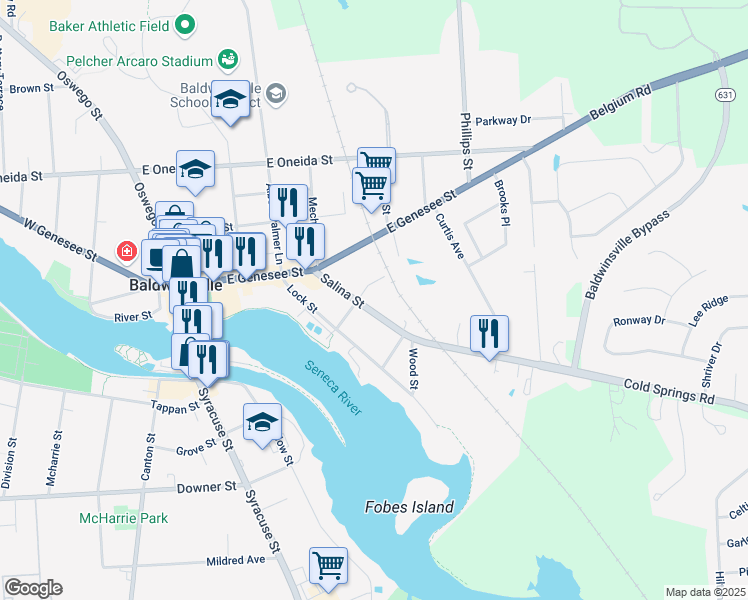 map of restaurants, bars, coffee shops, grocery stores, and more near 23 Salina Street in Baldwinsville