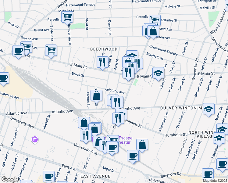 map of restaurants, bars, coffee shops, grocery stores, and more near 72 Mayberry Street in Rochester