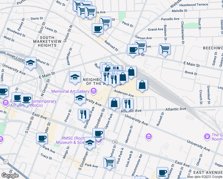 map of restaurants, bars, coffee shops, grocery stores, and more near in Rochester