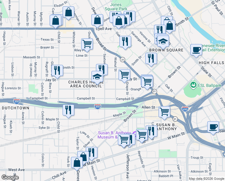 map of restaurants, bars, coffee shops, grocery stores, and more near 29 Walnut Street in Rochester