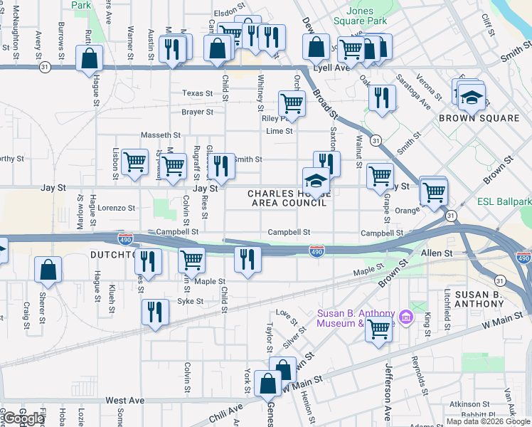 map of restaurants, bars, coffee shops, grocery stores, and more near 77 Whitney Street in Rochester