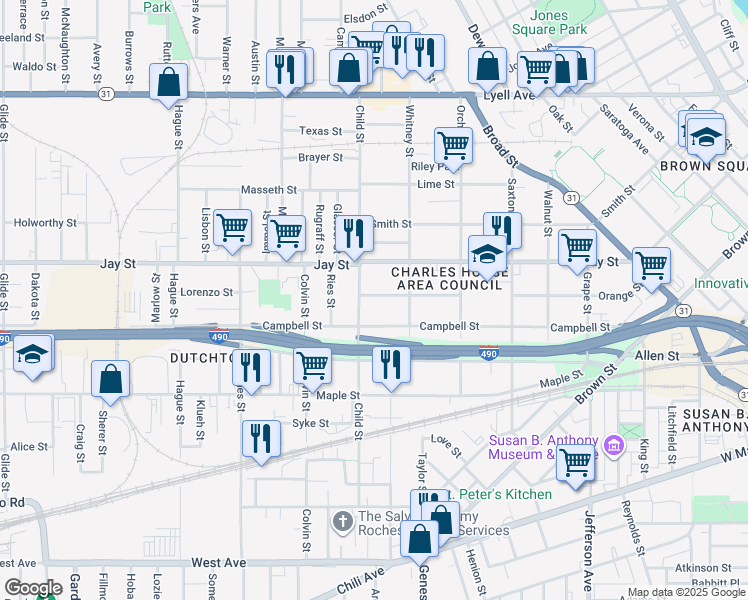 map of restaurants, bars, coffee shops, grocery stores, and more near 429 Orange Street in Rochester