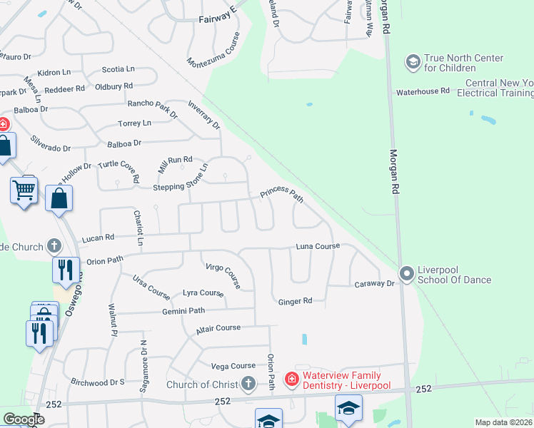 map of restaurants, bars, coffee shops, grocery stores, and more near 4307 Cinnamon Path in Liverpool