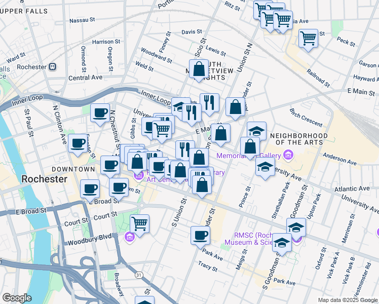 map of restaurants, bars, coffee shops, grocery stores, and more near 47 Richmond Street in Rochester