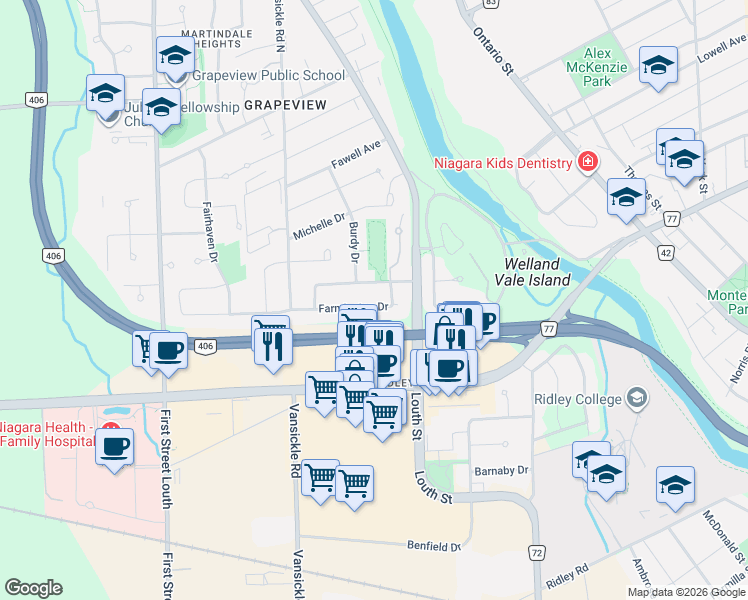 map of restaurants, bars, coffee shops, grocery stores, and more near 33 Farmington Drive in St. Catharines