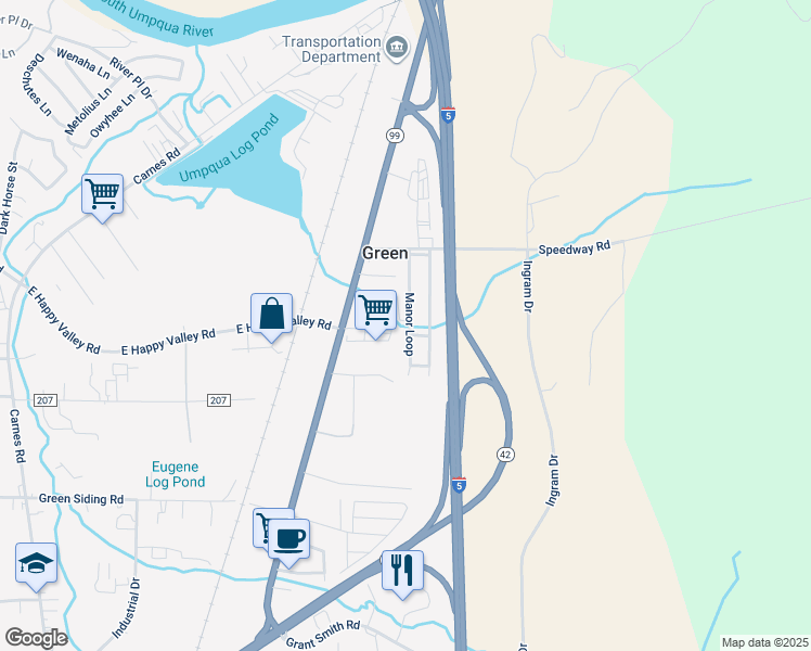 map of restaurants, bars, coffee shops, grocery stores, and more near 31 Manor Loop in Roseburg