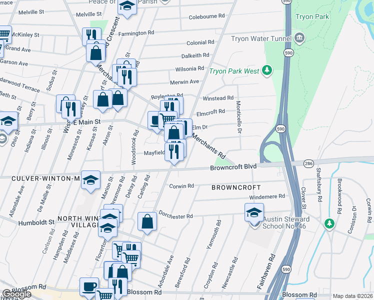 map of restaurants, bars, coffee shops, grocery stores, and more near 49 Quentin Road in Rochester