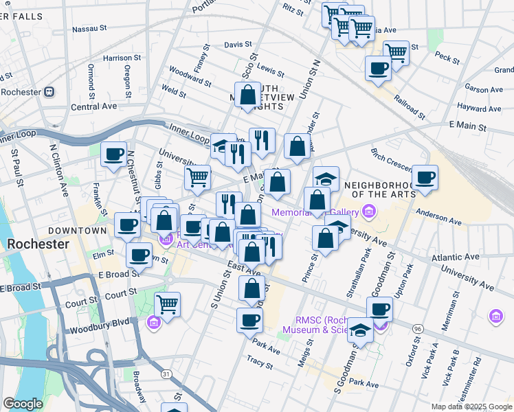 map of restaurants, bars, coffee shops, grocery stores, and more near 68 Union Street in Rochester