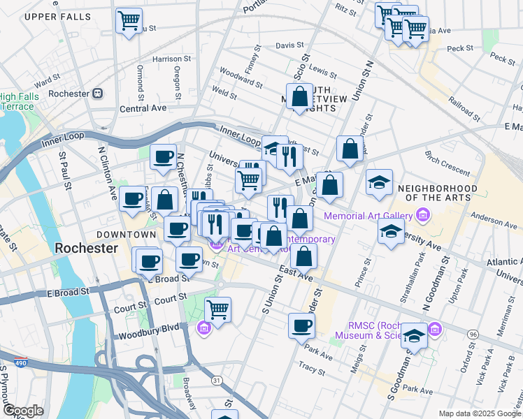 map of restaurants, bars, coffee shops, grocery stores, and more near 62 Charlotte Street in Rochester
