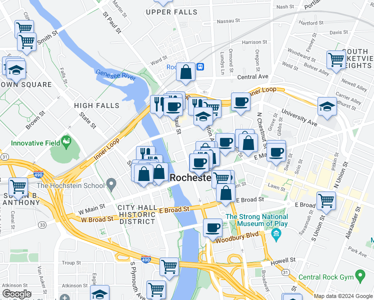map of restaurants, bars, coffee shops, grocery stores, and more near 61 Saint Paul Street in Rochester