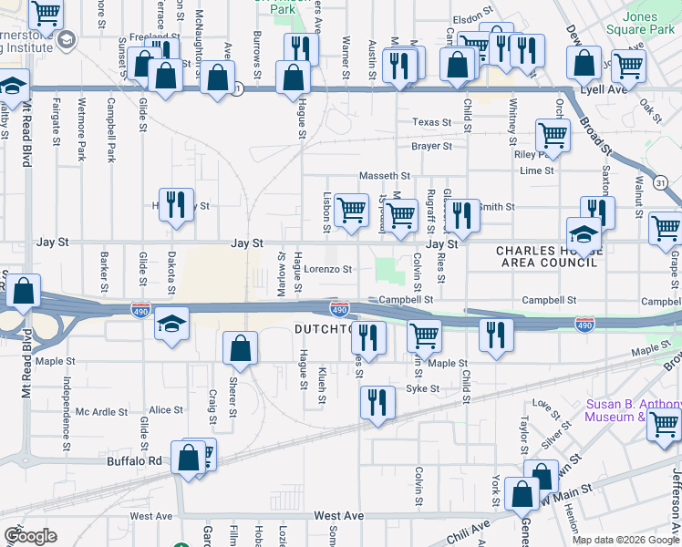 map of restaurants, bars, coffee shops, grocery stores, and more near 4 Schley Place in Rochester