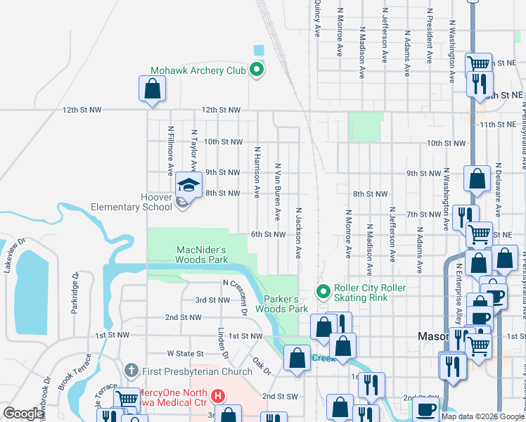 map of restaurants, bars, coffee shops, grocery stores, and more near 620 North Harrison Avenue in Mason City