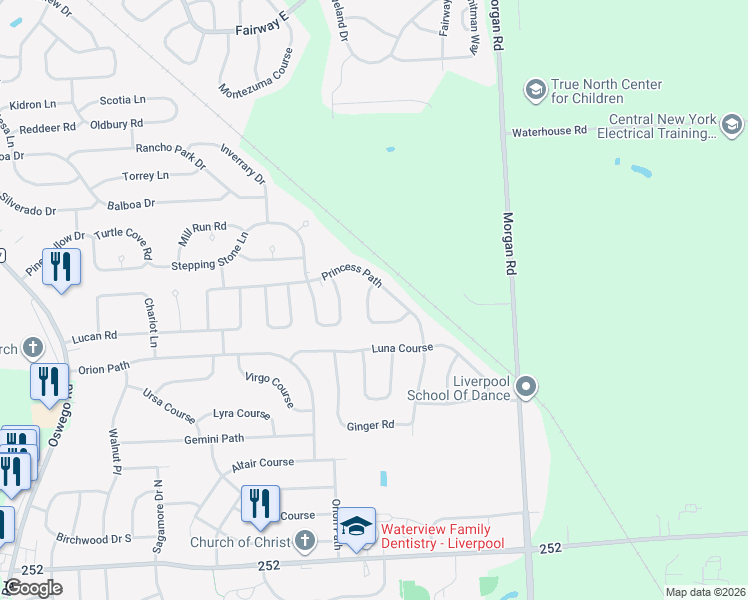 map of restaurants, bars, coffee shops, grocery stores, and more near 4085 Sesame Path in Liverpool