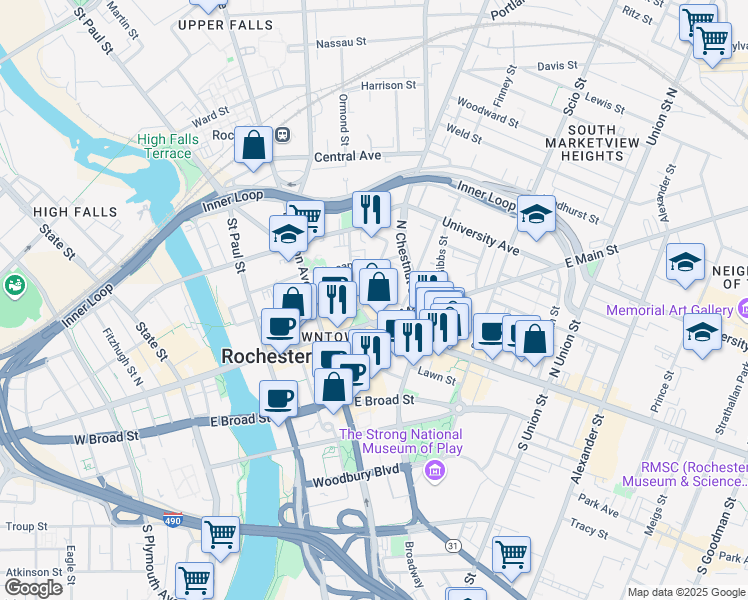map of restaurants, bars, coffee shops, grocery stores, and more near in Rochester