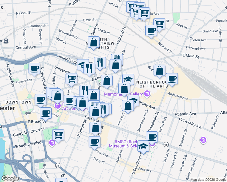 map of restaurants, bars, coffee shops, grocery stores, and more near 366 University Ave in Rochester