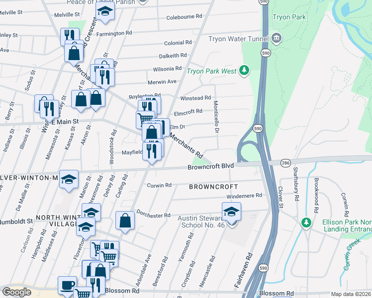 map of restaurants, bars, coffee shops, grocery stores, and more near 95 Merchants Road in Rochester