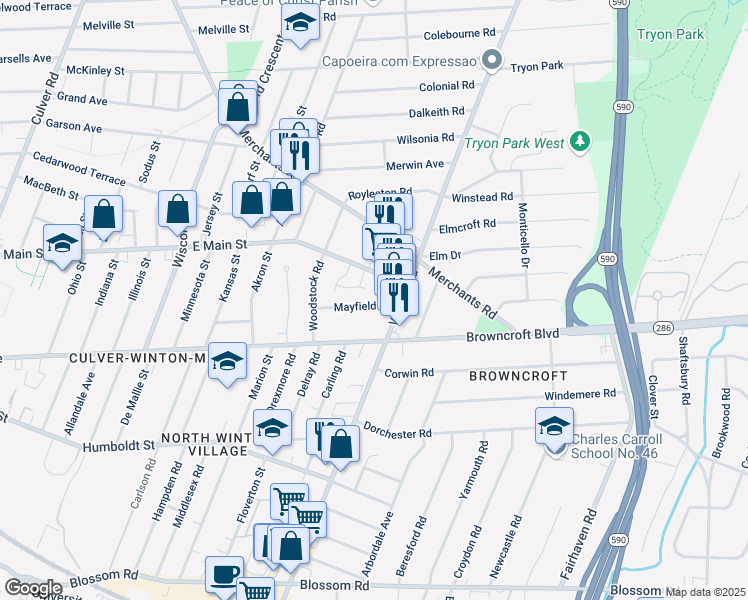 map of restaurants, bars, coffee shops, grocery stores, and more near 92 Mayfield Street in Rochester