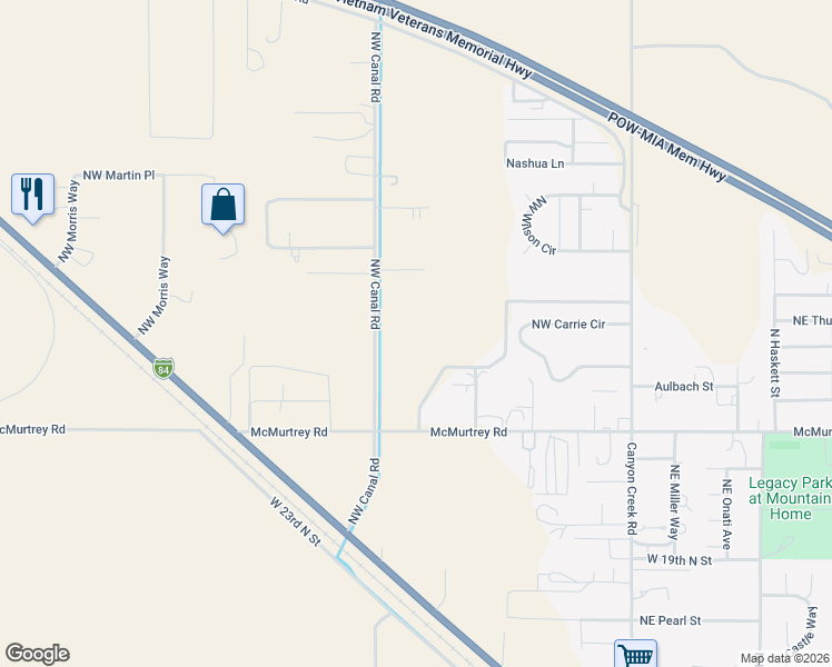map of restaurants, bars, coffee shops, grocery stores, and more near 3463 Northwest Canal Road in Mountain Home