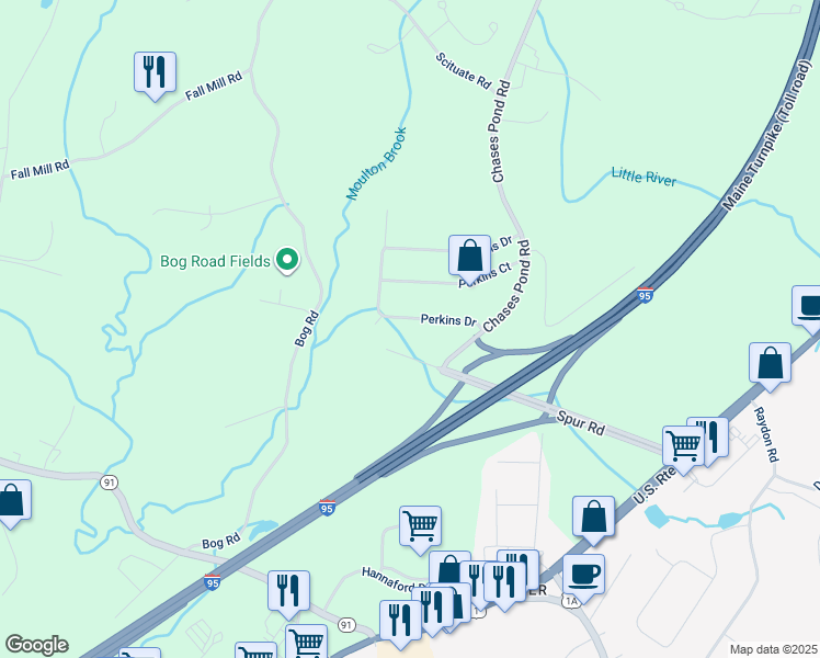 map of restaurants, bars, coffee shops, grocery stores, and more near 12 Perkins Drive in York