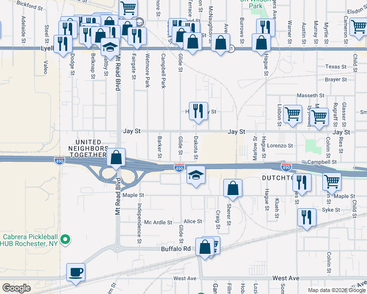 map of restaurants, bars, coffee shops, grocery stores, and more near 18 Granby Street in Rochester