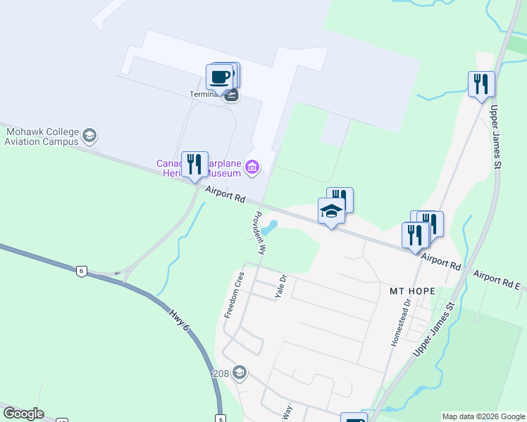 map of restaurants, bars, coffee shops, grocery stores, and more near 9179 Airport Road West in Hamilton
