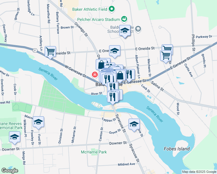 map of restaurants, bars, coffee shops, grocery stores, and more near 4 River Street in Baldwinsville