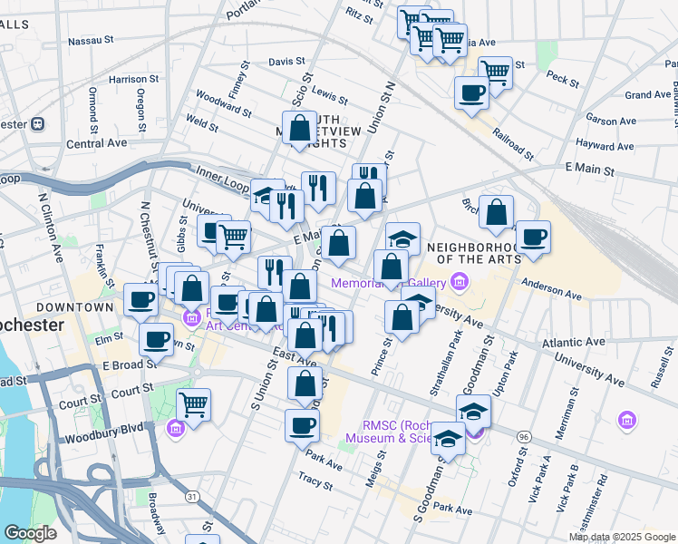 map of restaurants, bars, coffee shops, grocery stores, and more near 365 University Avenue in Rochester