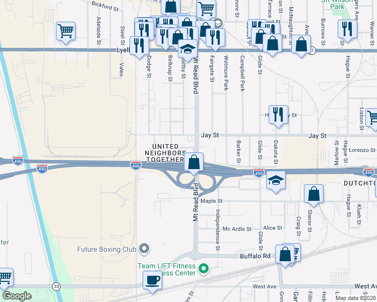 map of restaurants, bars, coffee shops, grocery stores, and more near 370 Mount Read Boulevard in Rochester