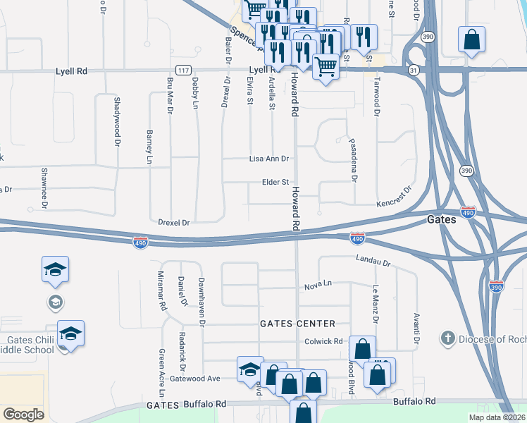 map of restaurants, bars, coffee shops, grocery stores, and more near 35 Simmons Street in Rochester