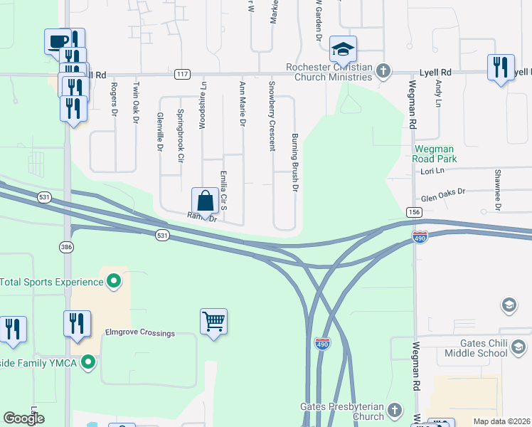 map of restaurants, bars, coffee shops, grocery stores, and more near 81 Ann Marie Drive in Rochester