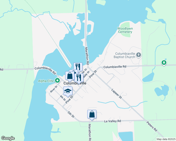 map of restaurants, bars, coffee shops, grocery stores, and more near 4526 Pine Street in Columbiaville