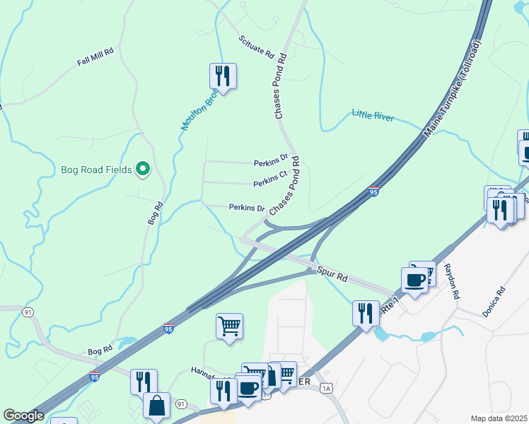 map of restaurants, bars, coffee shops, grocery stores, and more near 12 Perkins Drive in York