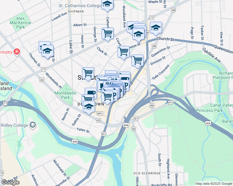 map of restaurants, bars, coffee shops, grocery stores, and more near 5 Helliwell's Lane in St. Catharines