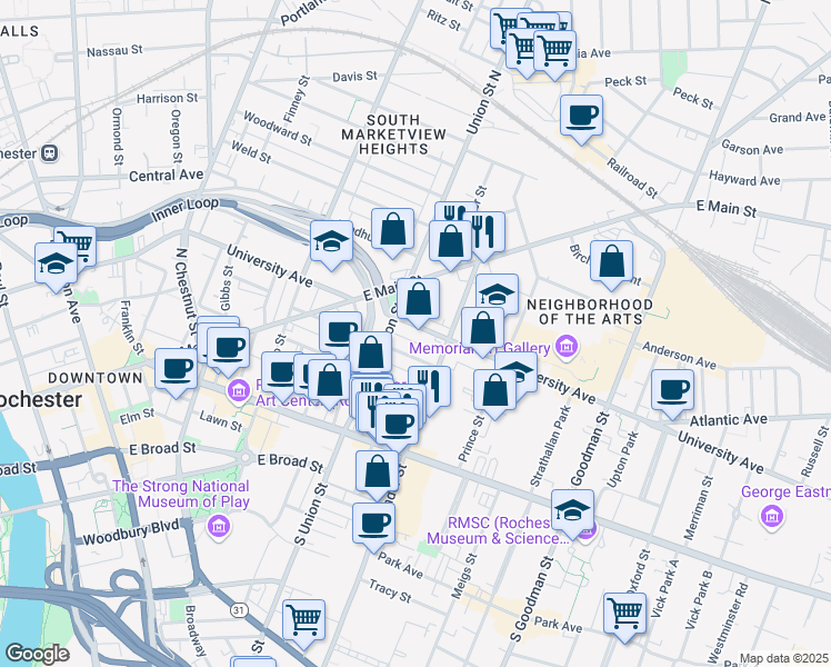 map of restaurants, bars, coffee shops, grocery stores, and more near 333 University Avenue in Rochester