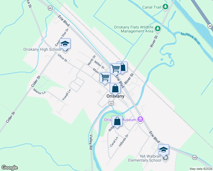 map of restaurants, bars, coffee shops, grocery stores, and more near 807 Utica Street in Oriskany