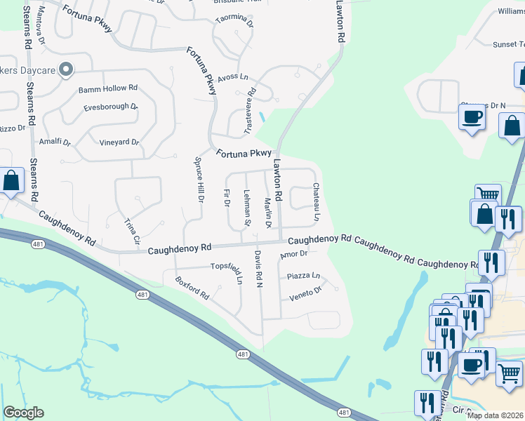 map of restaurants, bars, coffee shops, grocery stores, and more near 7004 Lehman Street in Clay