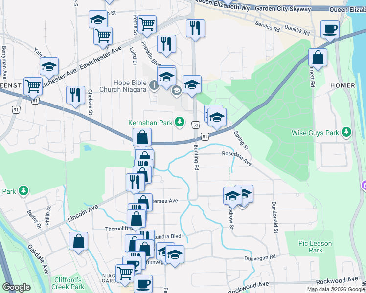 map of restaurants, bars, coffee shops, grocery stores, and more near in St. Catharines