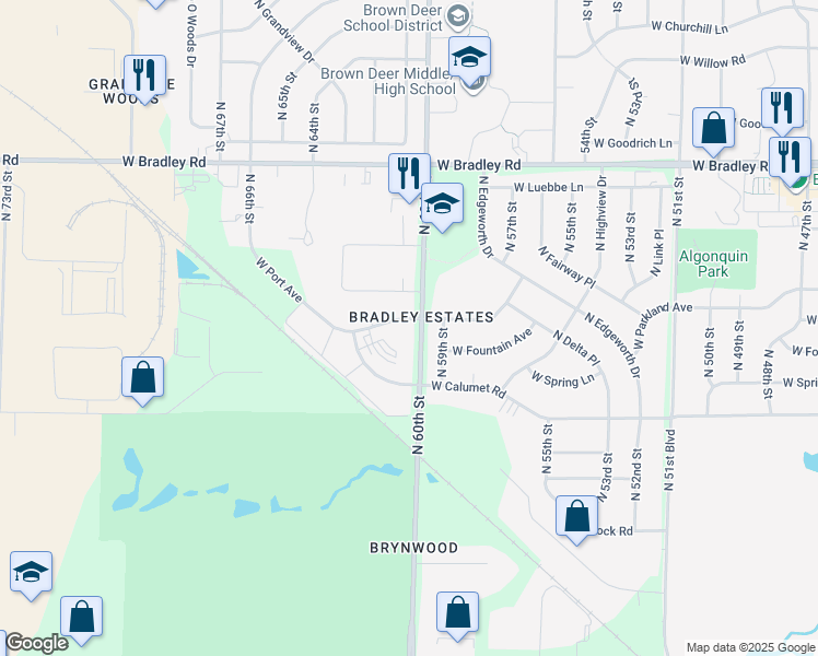 map of restaurants, bars, coffee shops, grocery stores, and more near 6011 West Port Avenue in Milwaukee