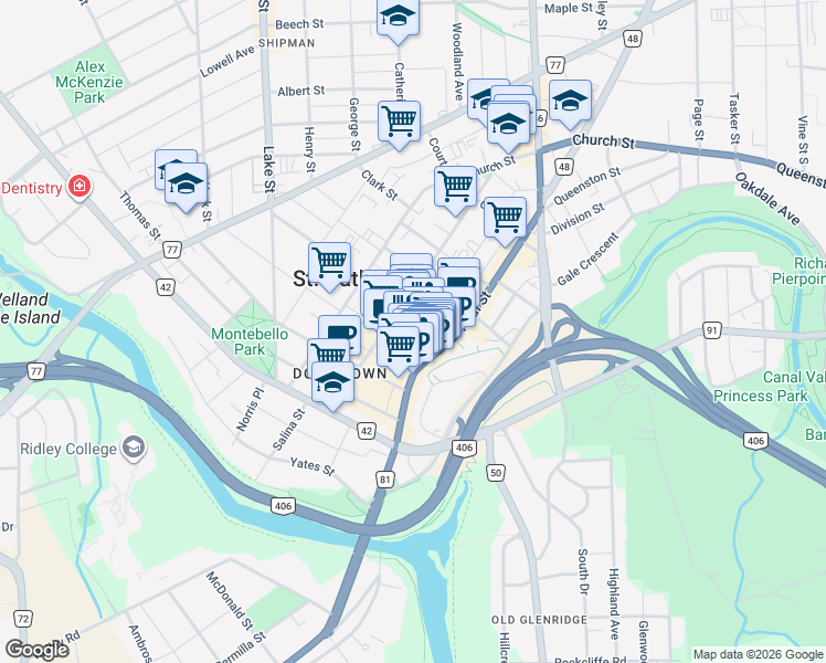 map of restaurants, bars, coffee shops, grocery stores, and more near 29 James Street in Saint Catharines