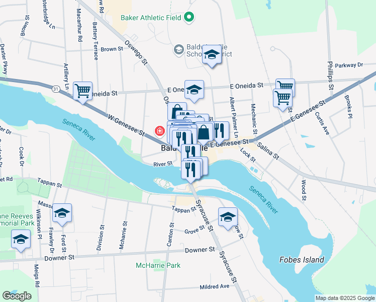 map of restaurants, bars, coffee shops, grocery stores, and more near in Baldwinsville
