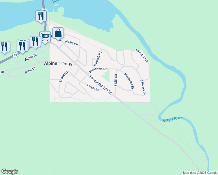 map of restaurants, bars, coffee shops, grocery stores, and more near Forest Road 10138 in Alpine